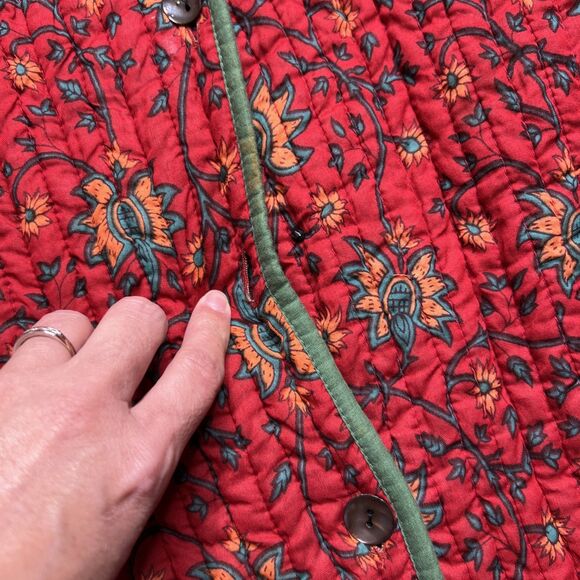 Orvis Long Quilted Button Up Jacket Coat Robe Red Floral Small Cotton Reversible - Picture 5 of 12